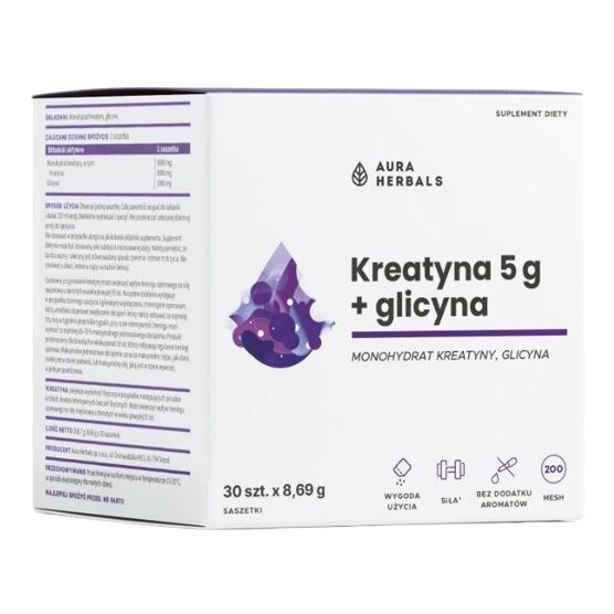 AURA HERBALS Kreatinmonohydrat 5 g + Glicyne-Beutel (30 Stück) – Viking Supplements
